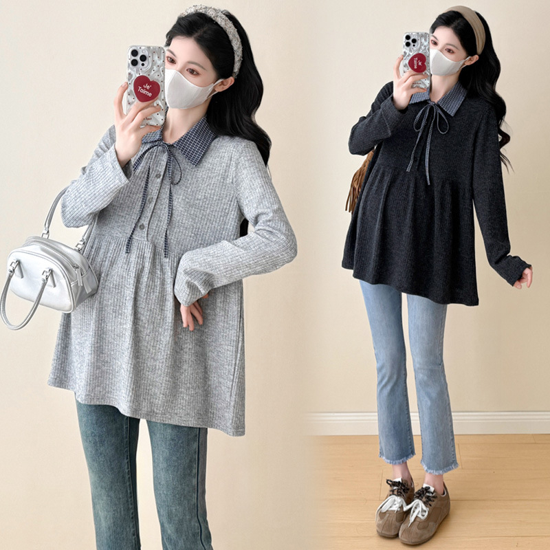 Nėščiosios palaidinė maitinti – rudens-žiema megztas, ilgos rankovės, korėjietiško stiliaus su gobtuvu, A linijos siluetas, vientisas