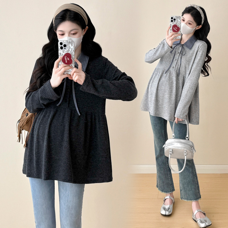 Nėščiosios palaidinė maitinti – rudens-žiema megztas, ilgos rankovės, korėjietiško stiliaus su gobtuvu, A linijos siluetas, vientisas