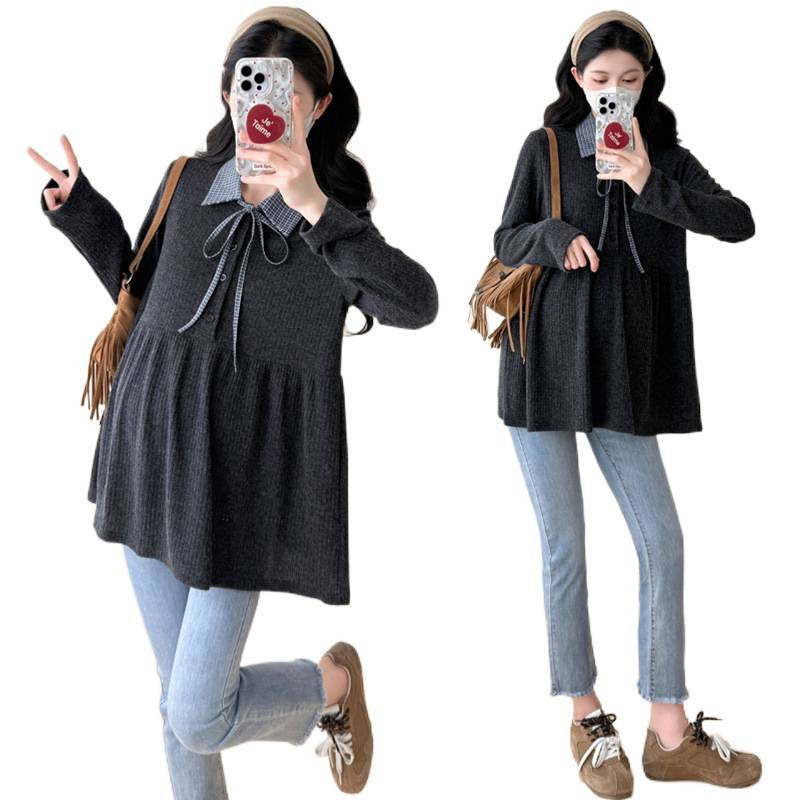 Nėščiosios palaidinė maitinti – rudens-žiema megztas, ilgos rankovės, korėjietiško stiliaus su gobtuvu, A linijos siluetas, vientisas