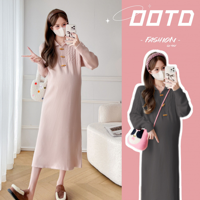 Rochie maternă tricotată, toamnă-iarnă 2024, material tricotat din bumbac (95%+ bumbac), lungime midi, guler semi-deschis, mâneci lungi