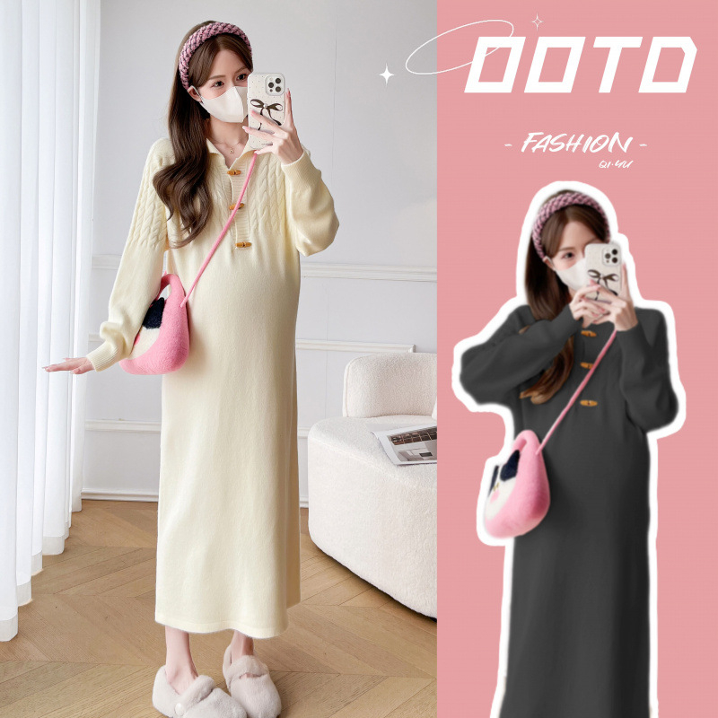 Rochie maternă tricotată, toamnă-iarnă 2024, material tricotat din bumbac (95%+ bumbac), lungime midi, guler semi-deschis, mâneci lungi