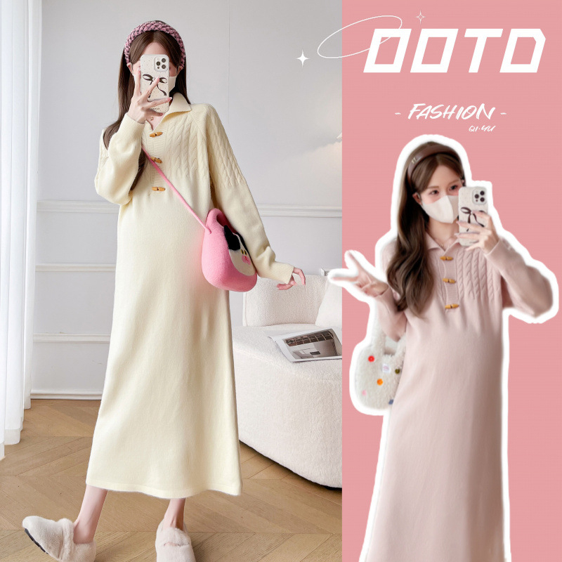 Rochie maternă tricotată, toamnă-iarnă 2024, material tricotat din bumbac (95%+ bumbac), lungime midi, guler semi-deschis, mâneci lungi