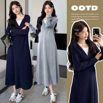 Φόρεμα εγκυμοσύνης με μακριά μανίκια, κουκούλα από βαμβάκι, άνετη γραμμή, φθινοπωρινό 2025 στιλ