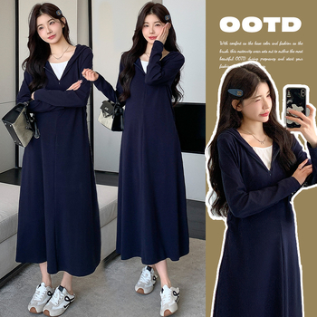 Φόρεμα εγκυμοσύνης με μακριά μανίκια, κουκούλα από βαμβάκι, άνετη γραμμή, φθινοπωρινό 2025 στιλ