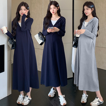 Φόρεμα εγκυμοσύνης με μακριά μανίκια, κουκούλα από βαμβάκι, άνετη γραμμή, φθινοπωρινό 2025 στιλ