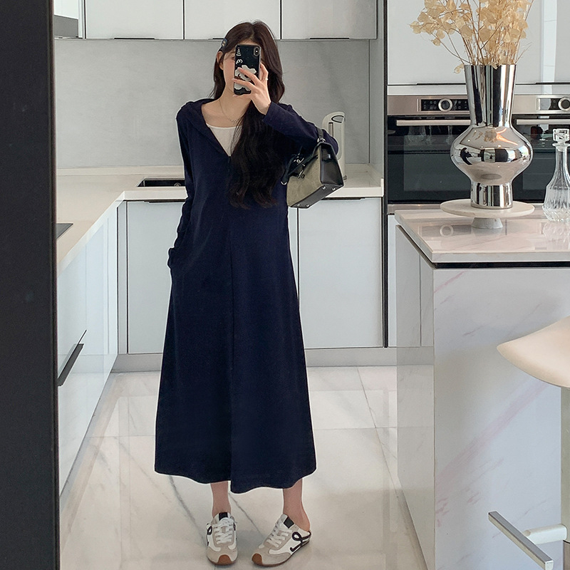 Φόρεμα εγκυμοσύνης με μακριά μανίκια, κουκούλα από βαμβάκι, άνετη γραμμή, φθινοπωρινό 2025 στιλ