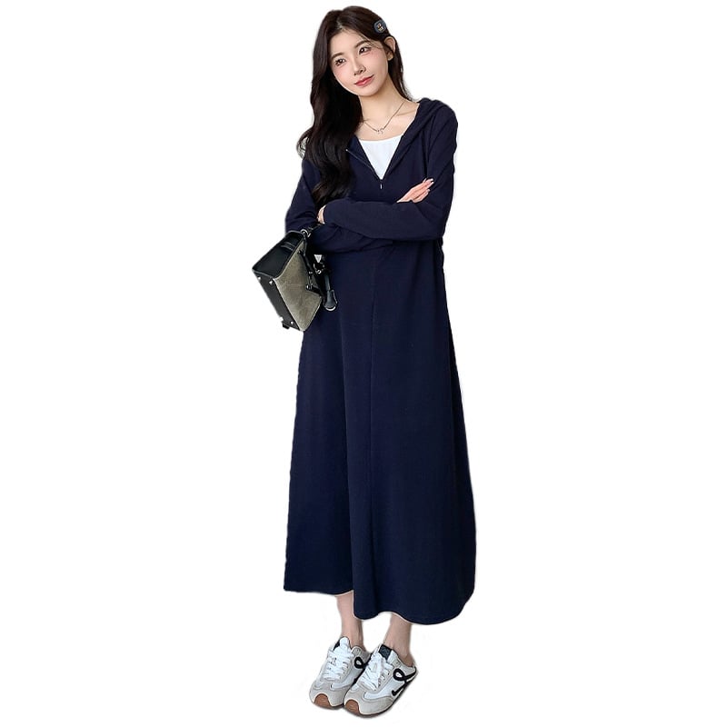 Φόρεμα εγκυμοσύνης με μακριά μανίκια, κουκούλα από βαμβάκι, άνετη γραμμή, φθινοπωρινό 2025 στιλ