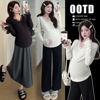 Trudnički osnovni top s V-izrezom, dugi rukav, poliester, glavni sastav tkanine 30-50%