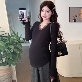 Trudnički osnovni top s V-izrezom, dugi rukav, poliester, glavni sastav tkanine 30-50%