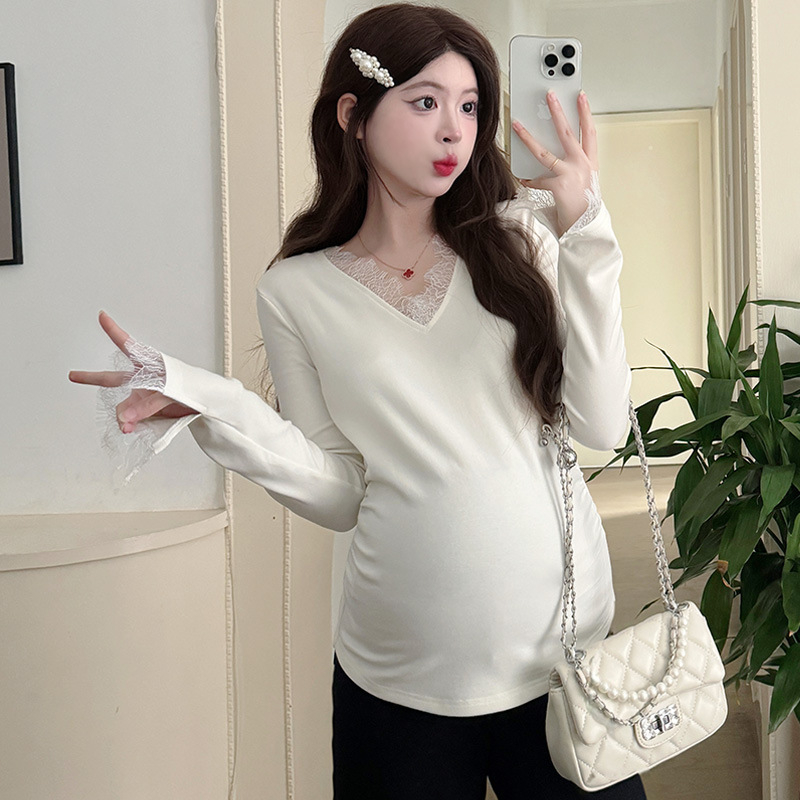 Trudnički osnovni top s V-izrezom, dugi rukav, poliester, glavni sastav tkanine 30-50%