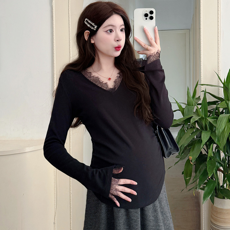 Trudnički osnovni top s V-izrezom, dugi rukav, poliester, glavni sastav tkanine 30-50%