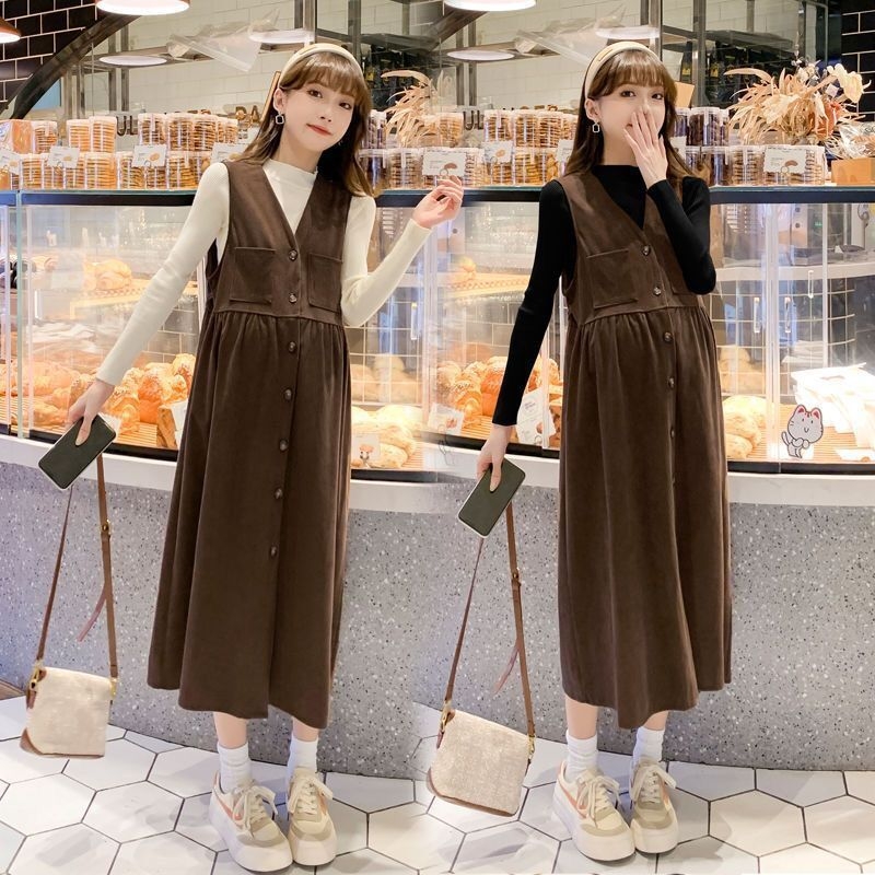 Top za trudnice od pletenine i corduroy suknja s naramenicama – dvodijelni set