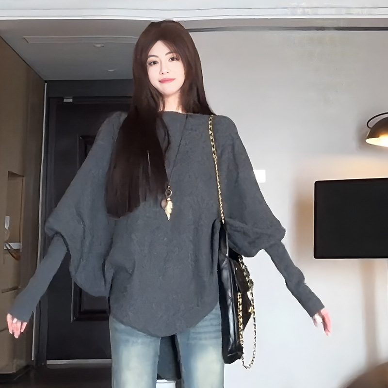 Nėščiųjų megztinis su gobtuvu, batwing rankovėmis, laisvas kirpimas, rudens–žiemos sezonas, vienos spalvos