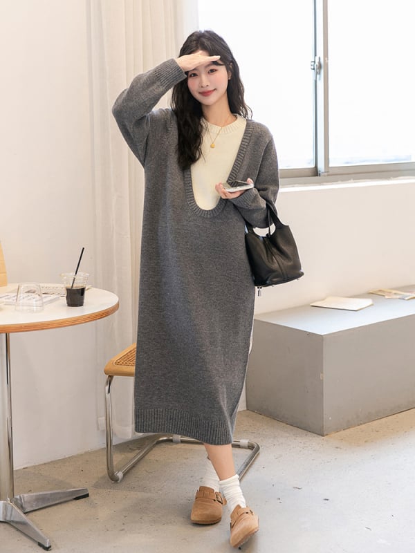 Nėščios moters suknelė, Korejos stiliaus įvaizdis, dviejų dalių įspūdis, laisvas kirpimas, akrilinis audinys