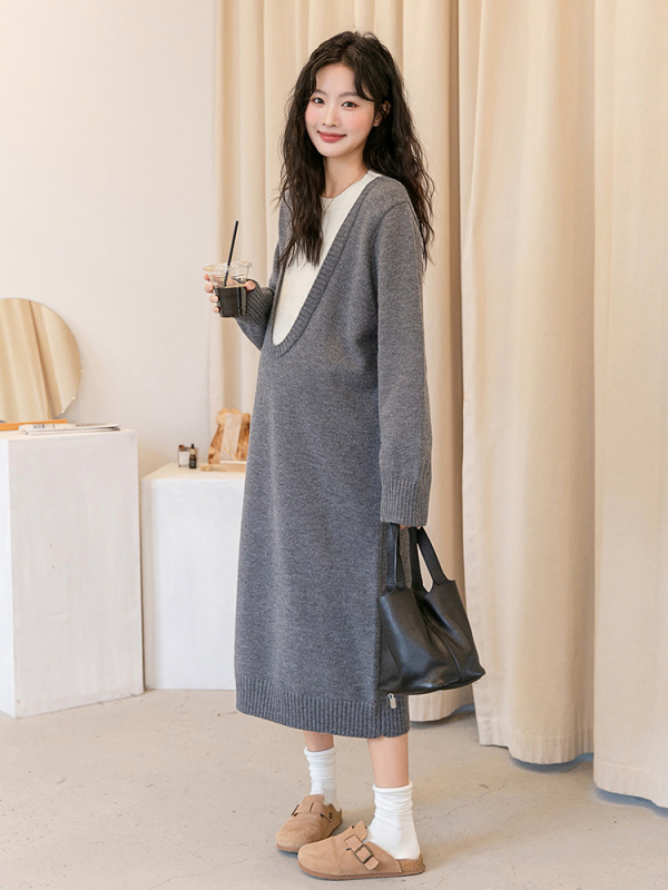 Nėščios moters suknelė, Korejos stiliaus įvaizdis, dviejų dalių įspūdis, laisvas kirpimas, akrilinis audinys