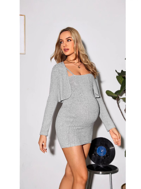 Σετ ρούχων εγκύου: πλεκτό φόρεμα με τιράντες και ζακέτα μακριάς μανίκας, μονόχρωμο πολυεστέρι