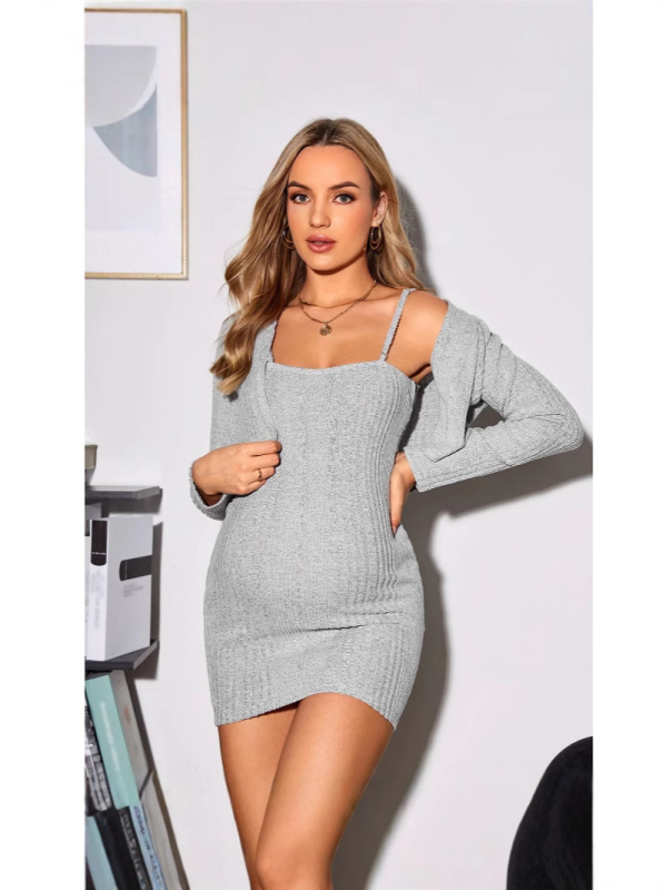 Σετ ρούχων εγκύου: πλεκτό φόρεμα με τιράντες και ζακέτα μακριάς μανίκας, μονόχρωμο πολυεστέρι