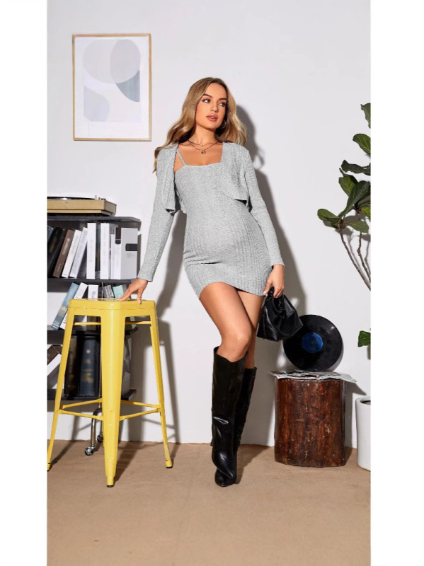 Σετ ρούχων εγκύου: πλεκτό φόρεμα με τιράντες και ζακέτα μακριάς μανίκας, μονόχρωμο πολυεστέρι