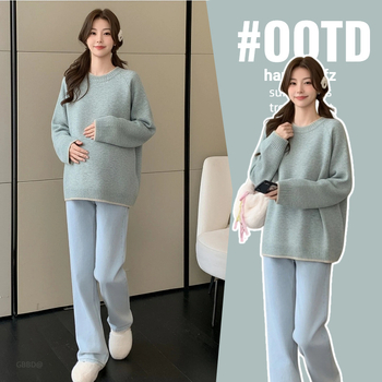 Trudnički vuneni džemper za jesen-zimu, okrugli izrez, dugi rukav, udoban kroj, 50–70% vuna