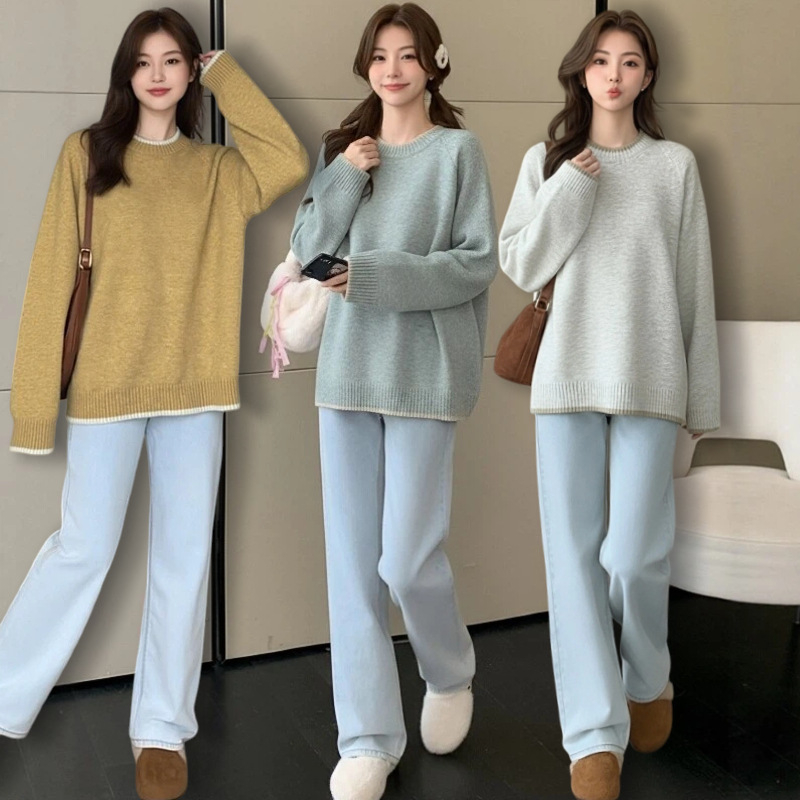 Trudnički vuneni džemper za jesen-zimu, okrugli izrez, dugi rukav, udoban kroj, 50–70% vuna