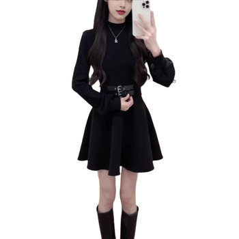 Rochie - țesătură poliester; model solid; siluetă în formă de A; guler semi-turtleneck; mâneci lungi