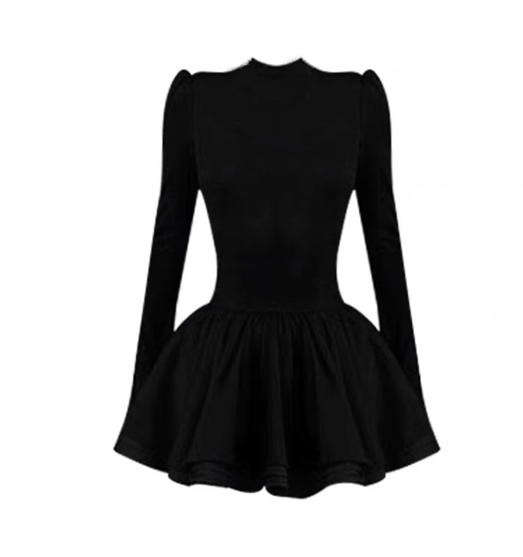 Rochie în linie A, cu guler semi-înalt, mâneci lungi, culoare solidă, stil pulover