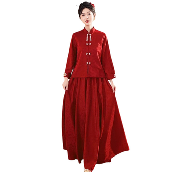 Rochie de mireasă în stil Xiuhe, talie înaltă, croială A-line, mâneci lungi, fustă lungă