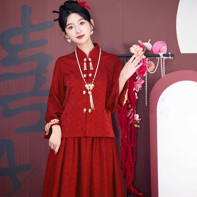 Rochie de mireasă în stil Xiuhe, talie înaltă, croială A-line, mâneci lungi, fustă lungă