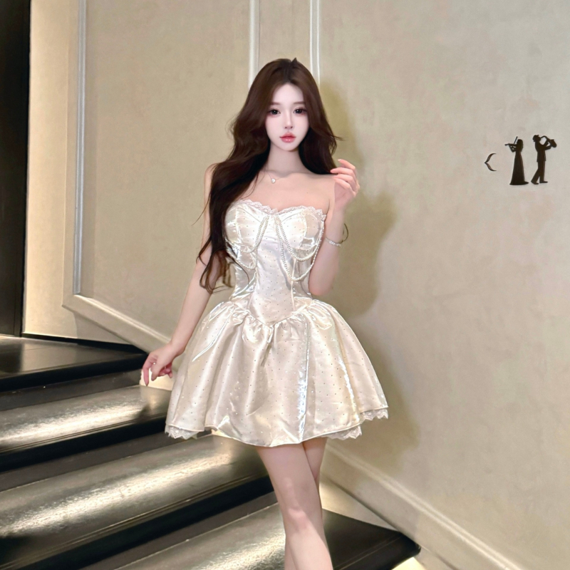 Haljina bez rukava u stilu princeze, francuskog stila puffana suknja, visok struk, A-linijska mini haljina, bez rukava, ovratnik s jednom crtom