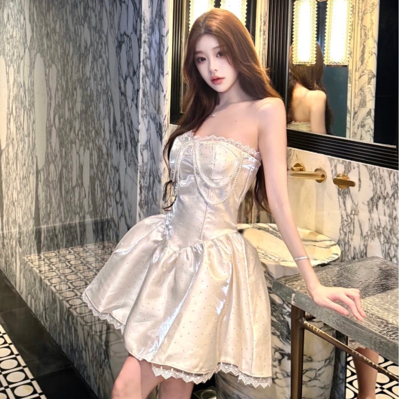 Haljina bez rukava u stilu princeze, francuskog stila puffana suknja, visok struk, A-linijska mini haljina, bez rukava, ovratnik s jednom crtom