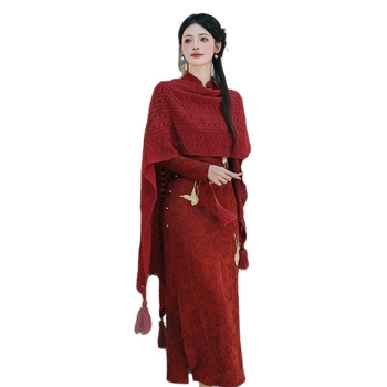 Set din două părți: rochie din dantelă jacquard cu eșarfă, model floral, mâneci lungi, toamnă-iarnă 2025