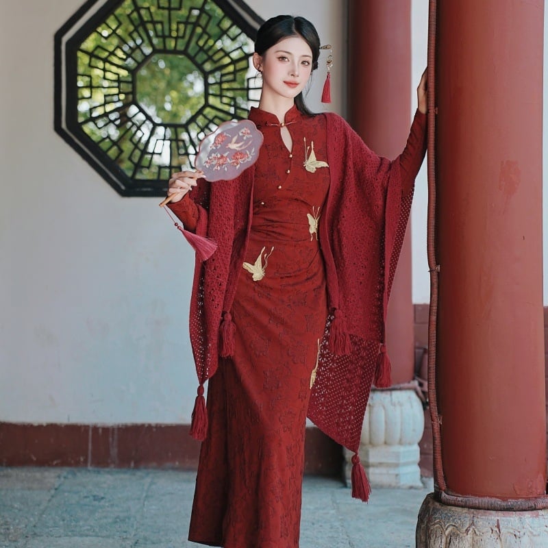 Set din două părți: rochie din dantelă jacquard cu eșarfă, model floral, mâneci lungi, toamnă-iarnă 2025