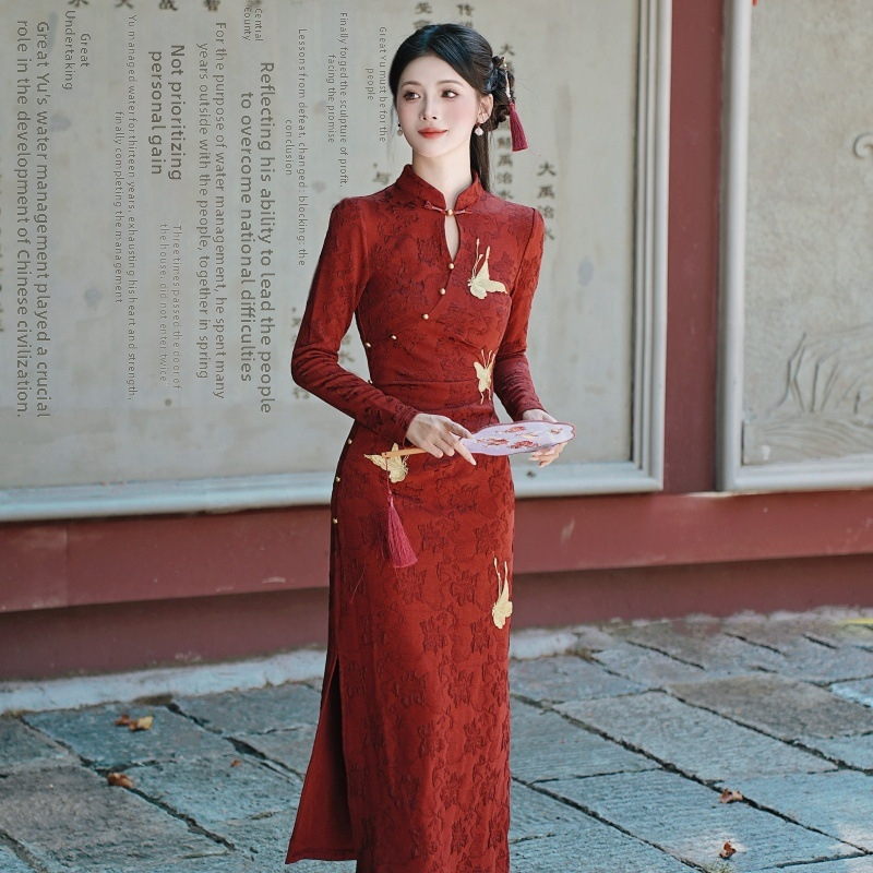 Set din două părți: rochie din dantelă jacquard cu eșarfă, model floral, mâneci lungi, toamnă-iarnă 2025