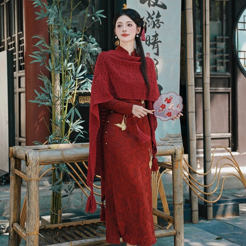 Set din două părți: rochie din dantelă jacquard cu eșarfă, model floral, mâneci lungi, toamnă-iarnă 2025