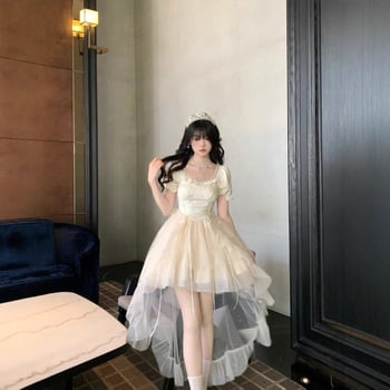 Jakard haljina s visokim strukom, polo ovratnik, kratki puff rukavi, srednja duljina, književno-retro stil