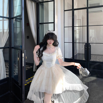 Jakard haljina s visokim strukom, polo ovratnik, kratki puff rukavi, srednja duljina, književno-retro stil