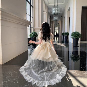 Jakard haljina s visokim strukom, polo ovratnik, kratki puff rukavi, srednja duljina, književno-retro stil