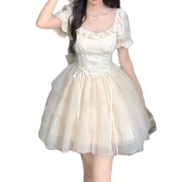 Jakard haljina s visokim strukom, polo ovratnik, kratki puff rukavi, srednja duljina, književno-retro stil