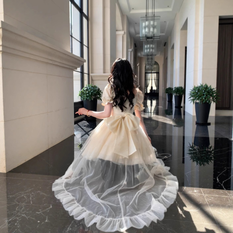 Jakard haljina s visokim strukom, polo ovratnik, kratki puff rukavi, srednja duljina, književno-retro stil