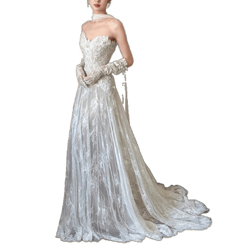 Rochie de mireasă fără bretele, talie înaltă, mâneci lungi, fustă lungă, voal în stil Mori