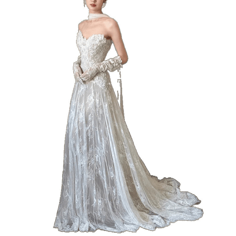 Rochie de mireasă fără bretele, talie înaltă, mâneci lungi, fustă lungă, voal în stil Mori