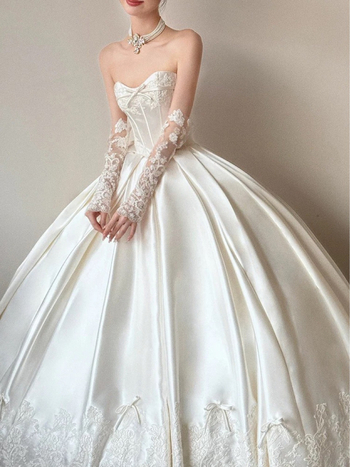 Rochie de mireasă din satin franțuzesc, fără bretele, fustă cu volan, material poliester, talie înaltă/medie