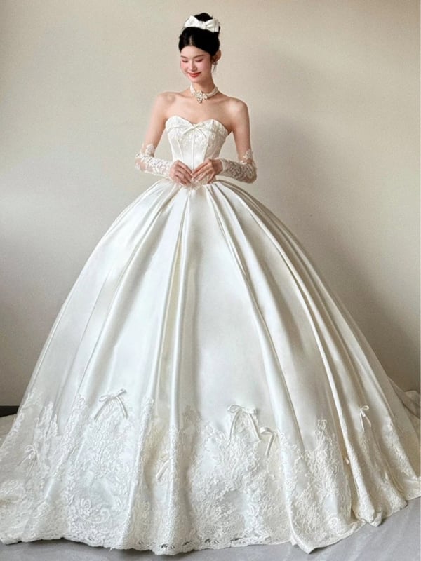 Rochie de mireasă din satin franțuzesc, fără bretele, fustă cu volan, material poliester, talie înaltă/medie