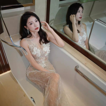 Rochie de seară transparentă din dantelă, decolteu în V, fără mâneci, lungă, model abstract