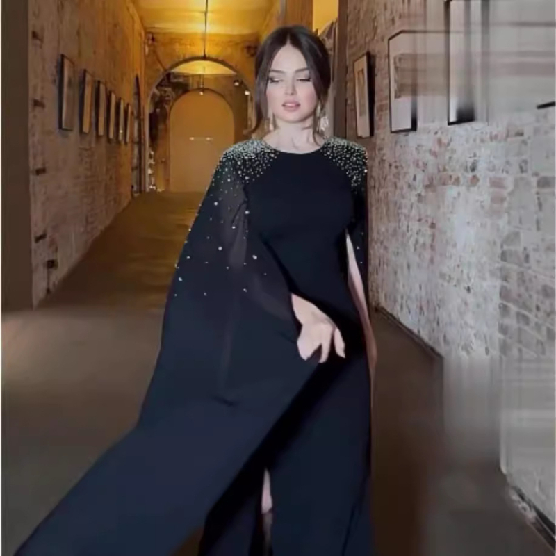 Rochie de seară cu paiete, mâneci lungi, tren lung, material spandex (paiete, mâneci lungi, tren lung, spandex, toamnă 2024)