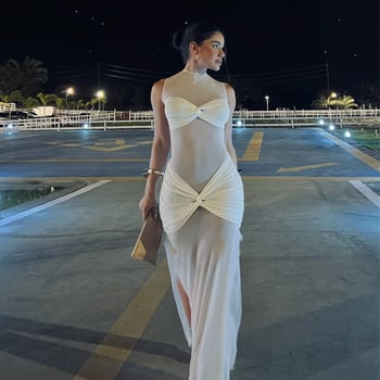 Rochie de seară din țesătură milk-shreds, culoare solidă, guler rotund, fără mâneci, talie înaltă, lungă.