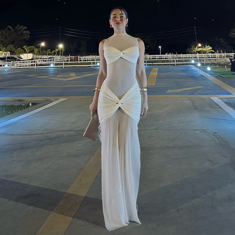 Rochie de seară din țesătură milk-shreds, culoare solidă, guler rotund, fără mâneci, talie înaltă, lungă.