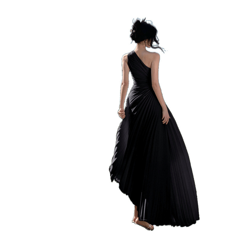 Rochie midi în stil franțuzesc, decupată cu plisuri, umeri înclinați, fără mâneci, talie înaltă, A-line, poliester