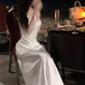 Rochie cu bretele, dantelă cusută, stil franțuzesc, talie înaltă, lungime până la podea, țesătură poliester