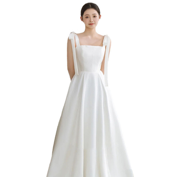 Rochie de mireasă în stil francez cu bretele subțiri, material poliester, siluetă A-line, fără mâneci, talie înaltă, lungă